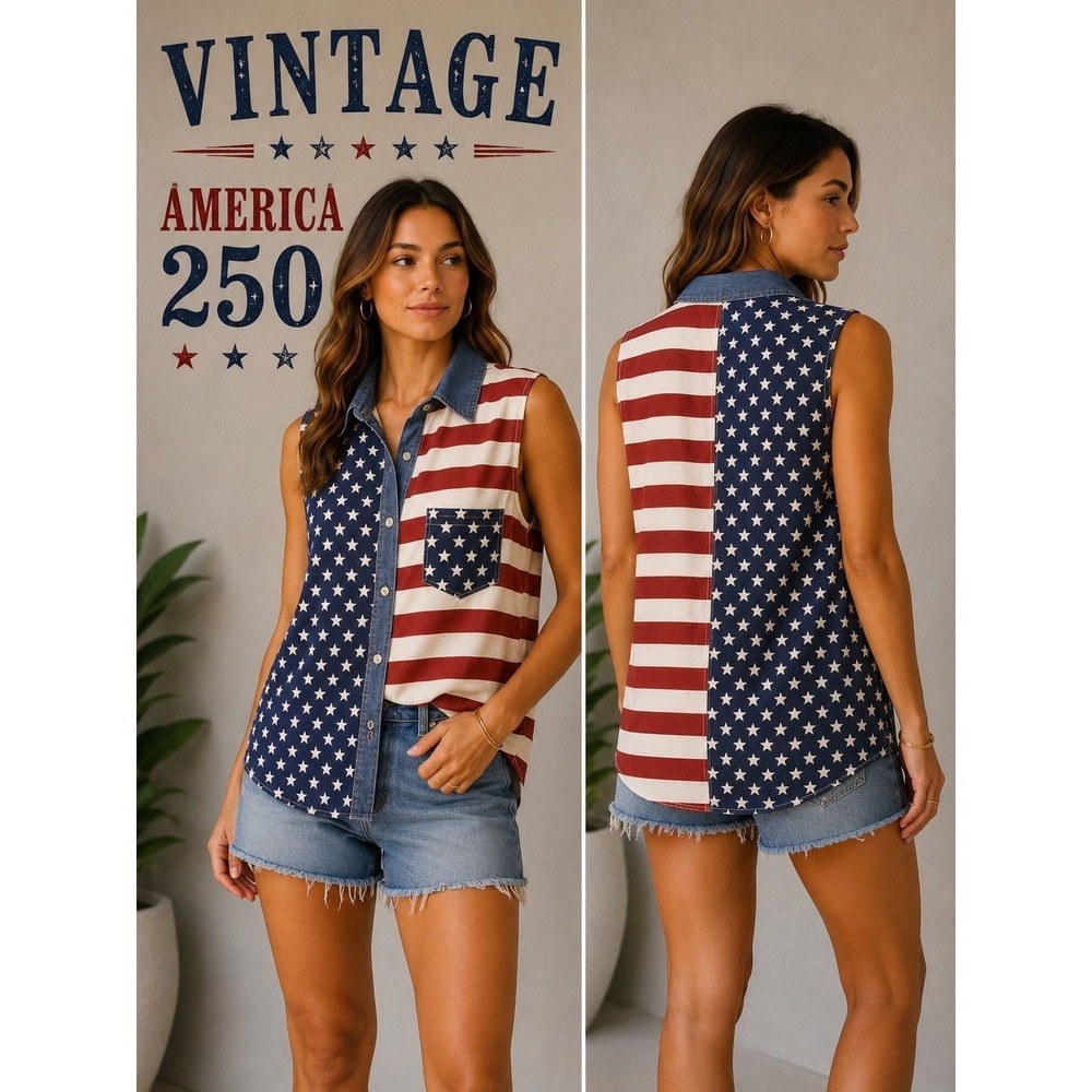 L 107- Vintage Quizz Again Jeans USA Flag Sleeveless Button Front Patriotic Top
